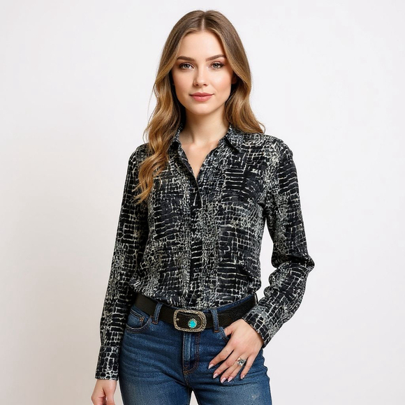 Scully Tops - Scully Velvet Black Grey Animal Print Button Down Shirt - Small